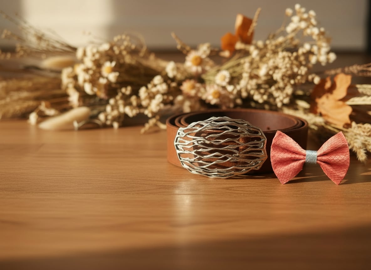 ceinture et nœud papillon artisanal sur table en bois. fond naturel et fleurs séchées en arrière plan 