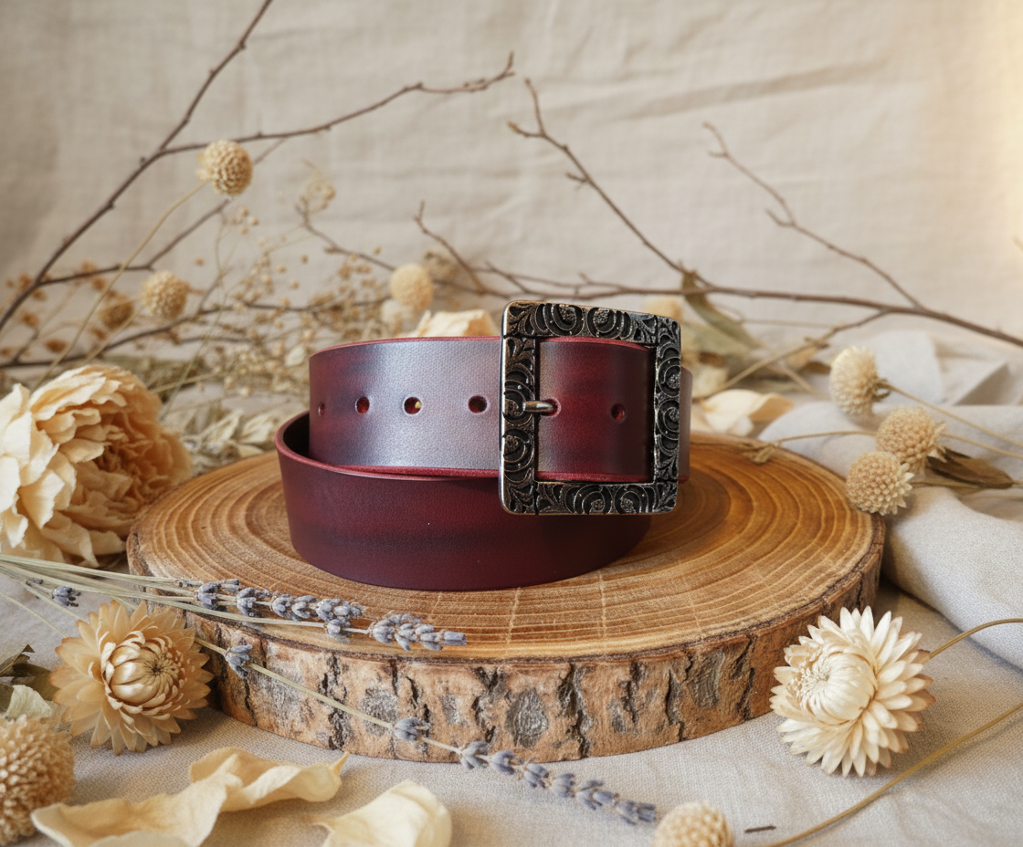 Ceinture couleur victoria sur rondin de bois, fond champètre fleurs sechées, 