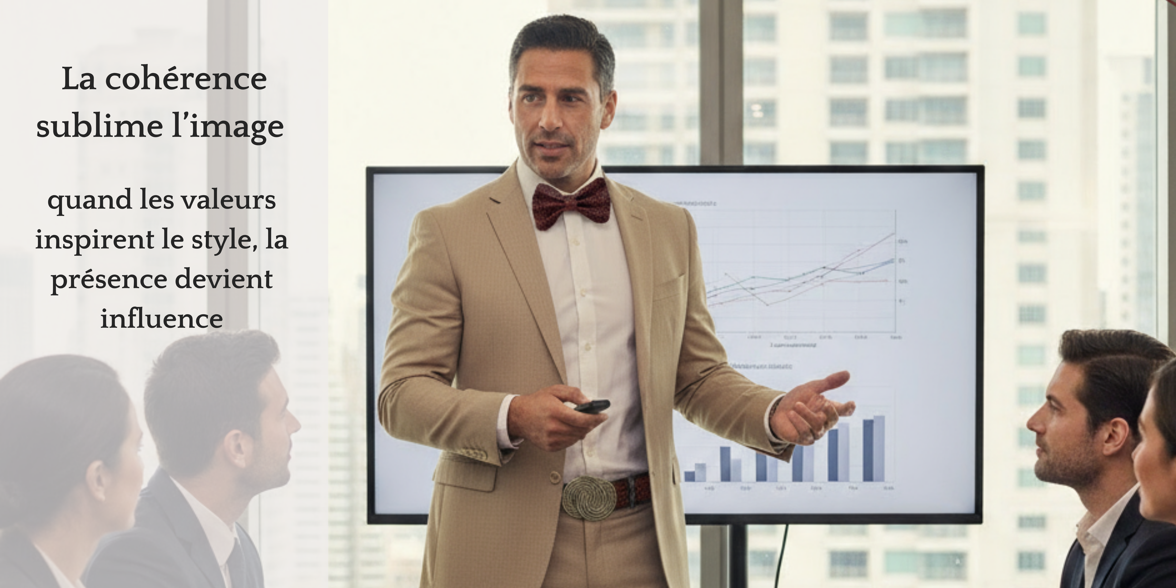 Lors d'une réunion professionnelle, l'orateur de la réunion se sent plein d'assurance. Texte : la cohérence sublime l'image. Quand les valeurs inspirent le style, la présence devient influence
