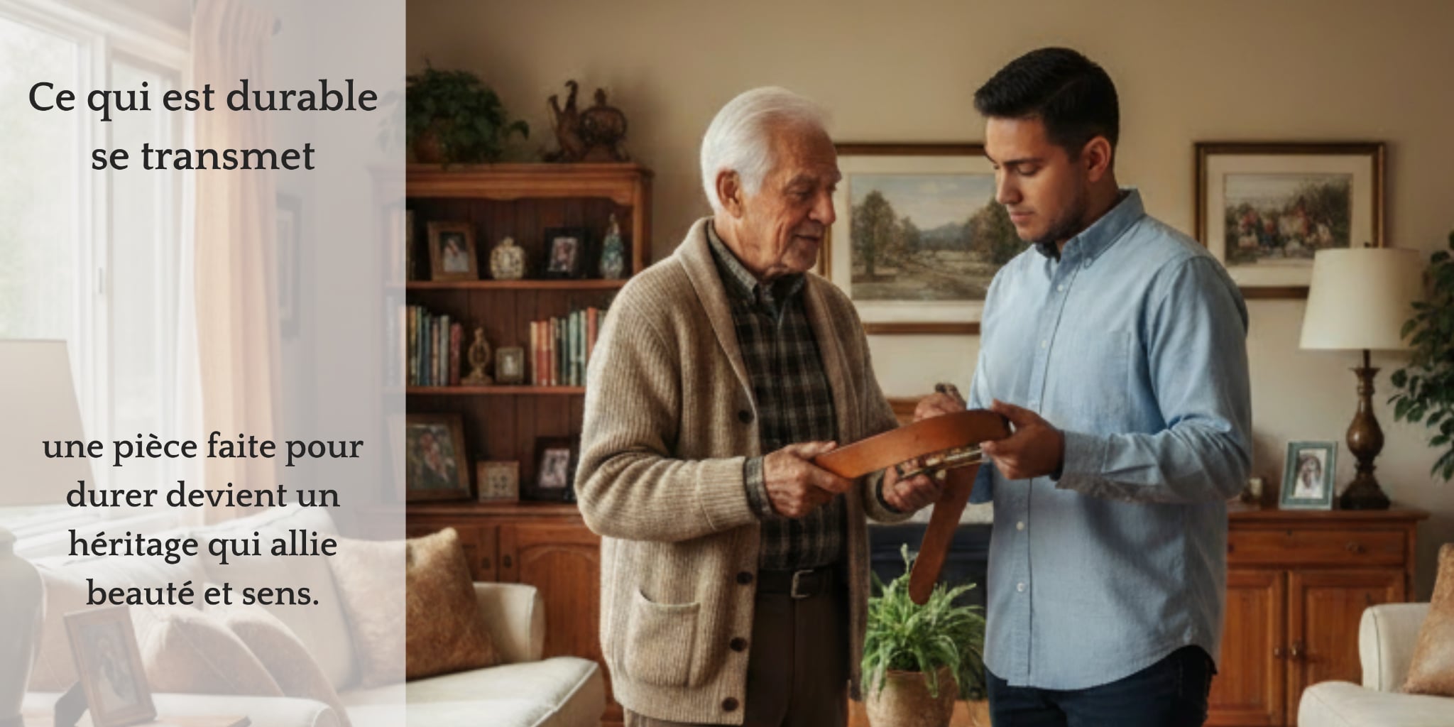 un homme âgé lègue sa ceinture à son petit fils. Texte : Ce qui est durable se transmet ; une pièce faite pour durer devient un héritage qui allie beauté et sens