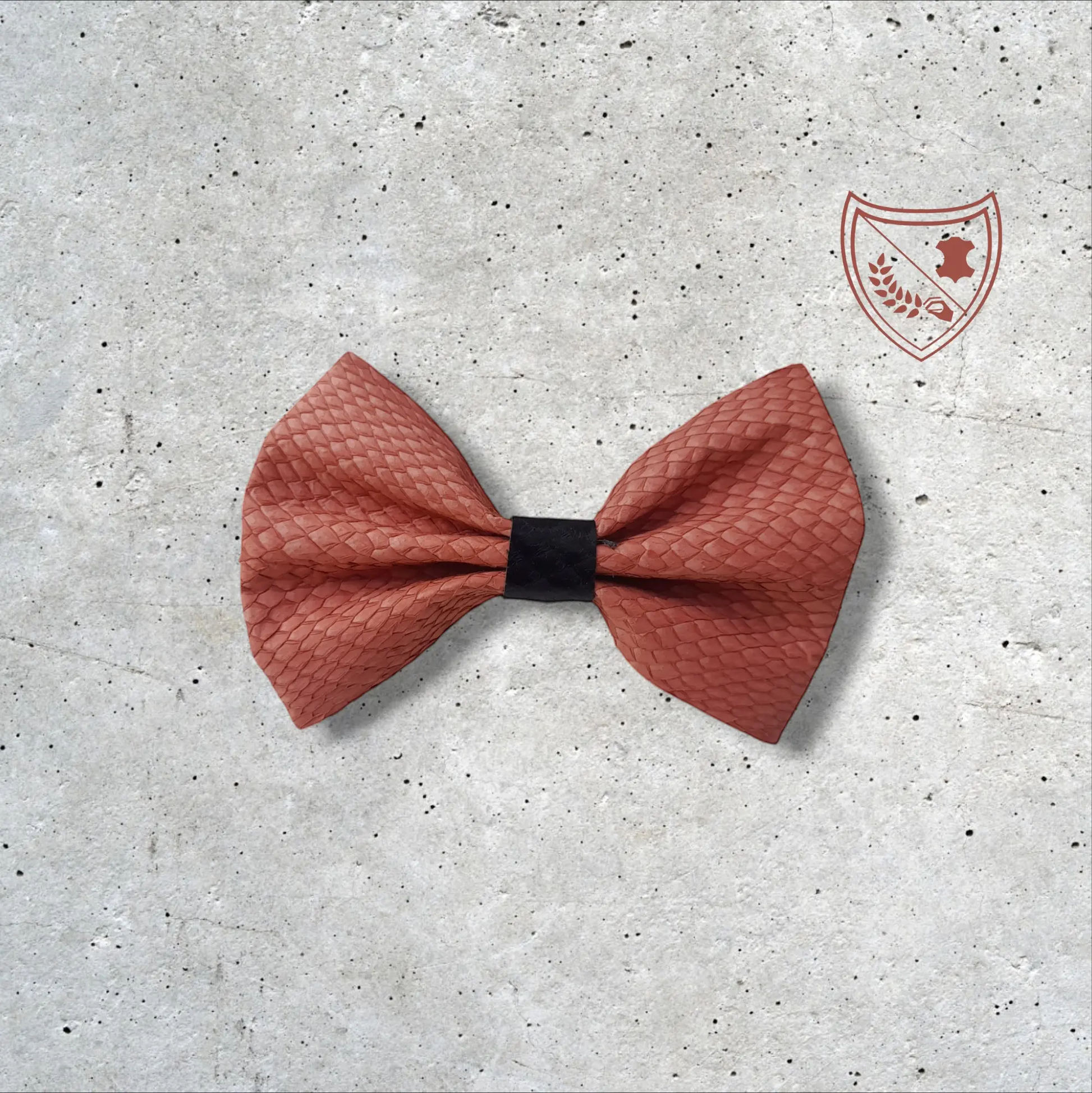 Nœud papillon cuir de saumon homme | femme prune centre noir, fabriqué en Belgique, vue de face