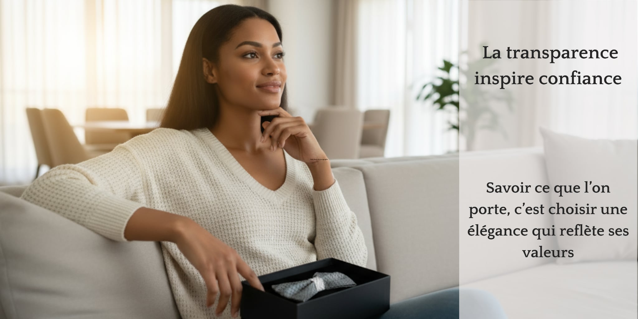 Jeune femme métisse, assise dans son canapé, fière et apaisée par l'achat de son noeud papillon car il respecte ses valeurs. Texte : La transparence inspire confiance  savoir ce qu’on porte, c’est choisir une élégance qui reflète ses valeurs.